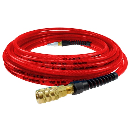 Coilhose Pneumatics Flexeel Hose 1/4" ID x 25 ' 1/4" Industrial QDs w/SR Transparent Red PFE4025TRS15X